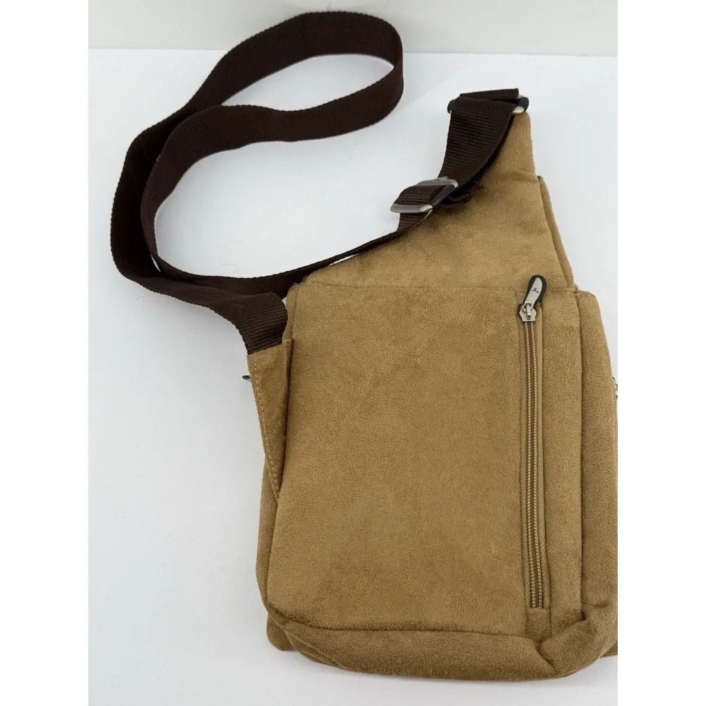 Travelon Anti-Theft Sling Bag Tan Faux Suede Crossbody Travel Shoulder Bag
